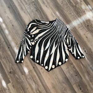 Vintage Greg Adams 100% Silk Beaded Sequin Top | Black & White | Size Small